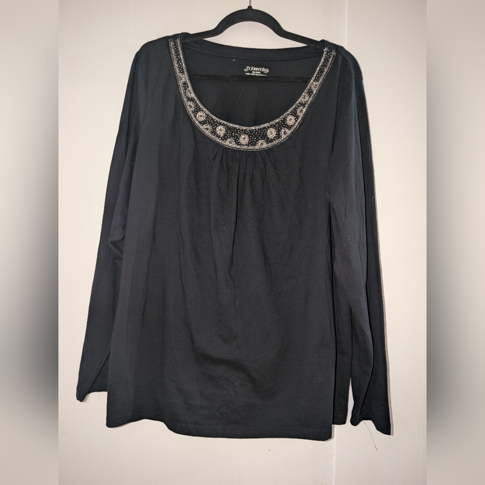 St. Johns Bay 2XL Black Long Sleeve Top with Embellished Neckline